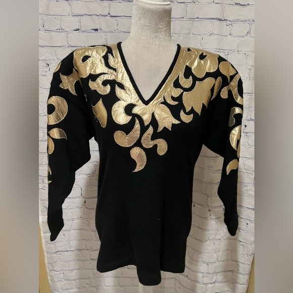 Vintage Outlander Lambswool Angora Rabbit Hair Sweater V Neck Black Gold Small - Picture 1 of 6